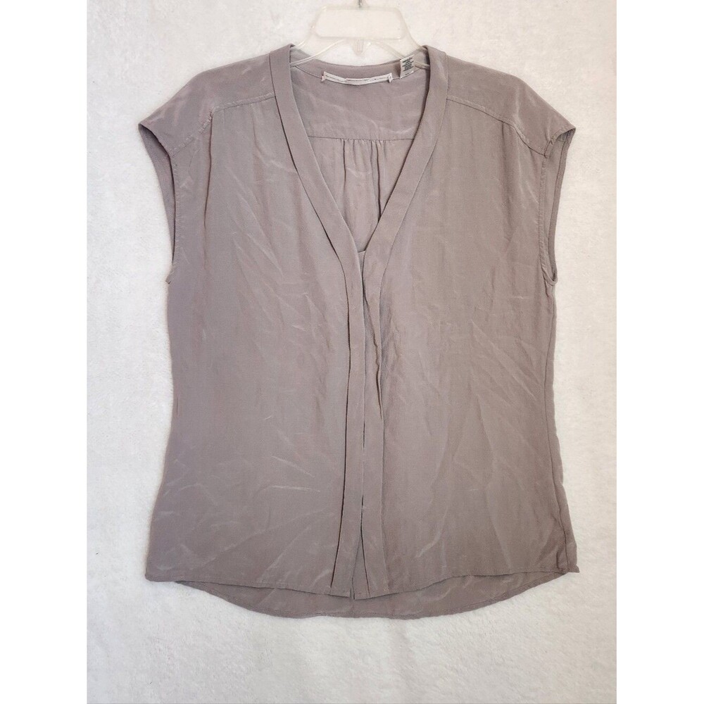 Max Studio Taupe Cap-Sleeve V-Neck 100% Silk Blouse Size Large